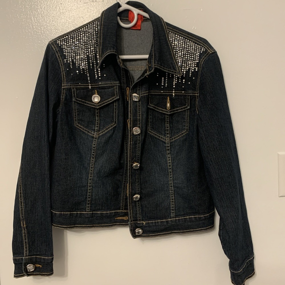 Christina Collection Denim Jean Jacket Rhinestone Crystal Buttons Blue Small
